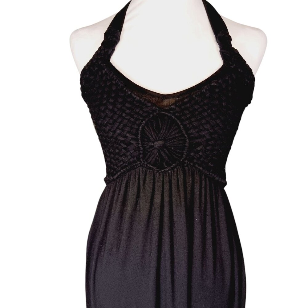 Soma, Black Maxi Halter Dress, Crochet Bodice, Smocked Back, Super Soft, XS Boho - Picture 5 of 12